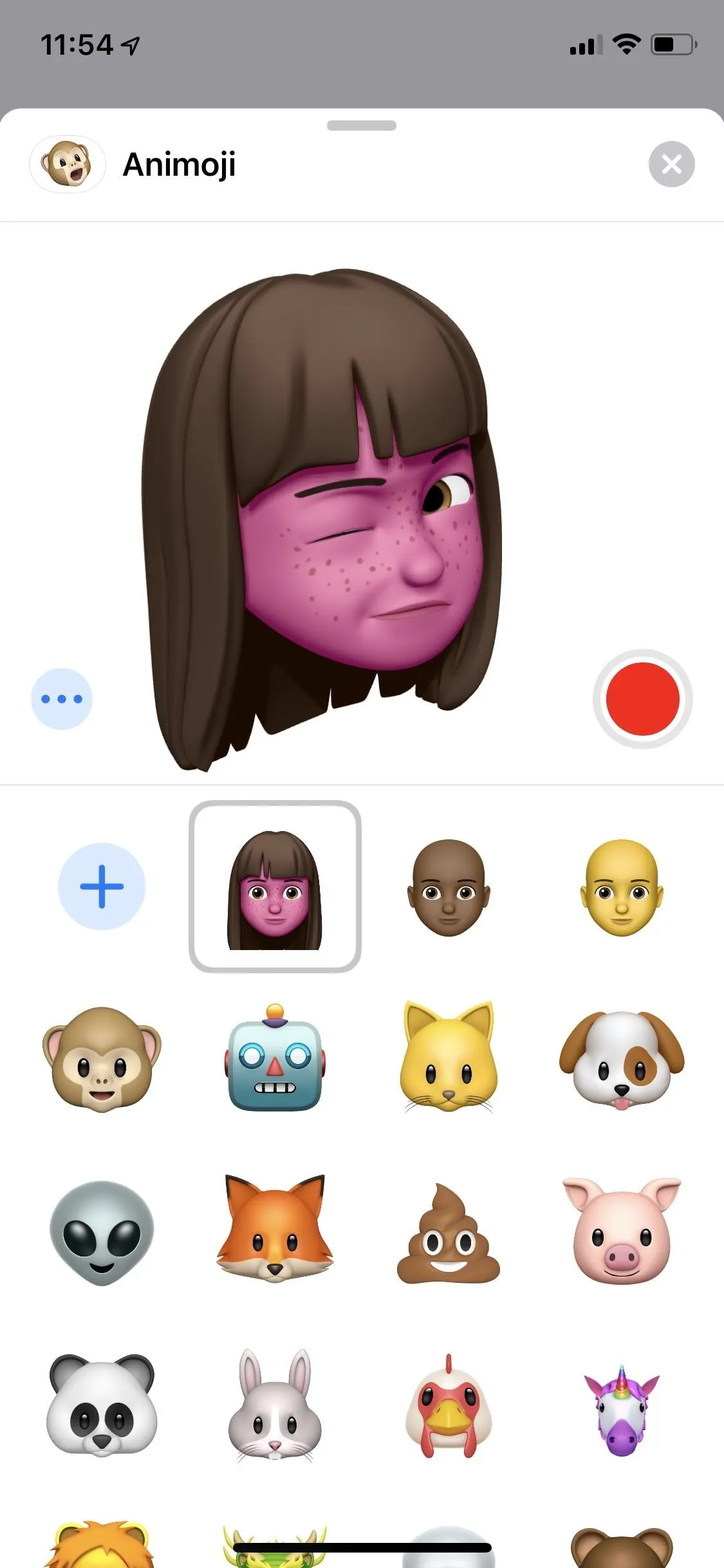 Animated character with a pink face and brown hair winking, surrounded by various animal emojis.