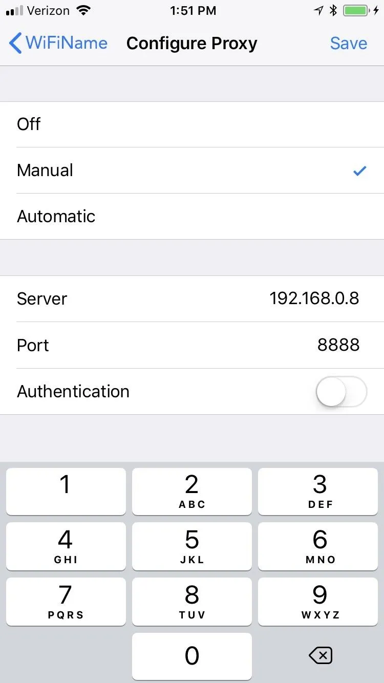 Network configuration settings on a mobile device.