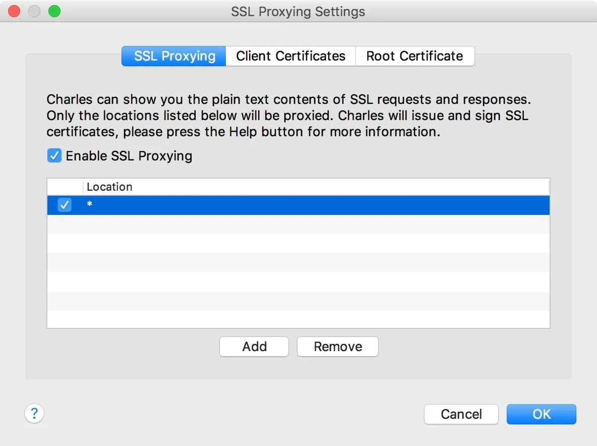 SSL Proxying Settings interface with options to manage SSL certificates and locations.