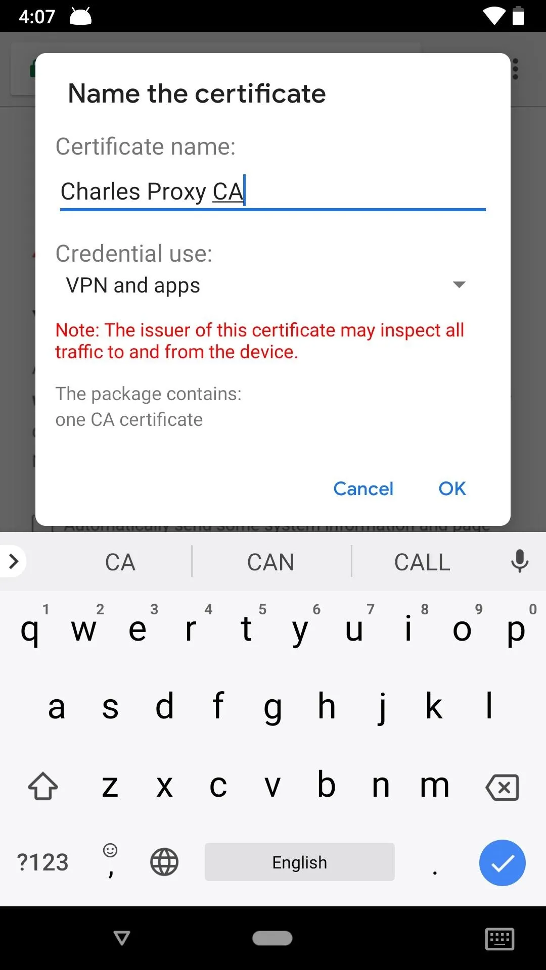 Certificate naming interface on a mobile device for VPN and app settings.