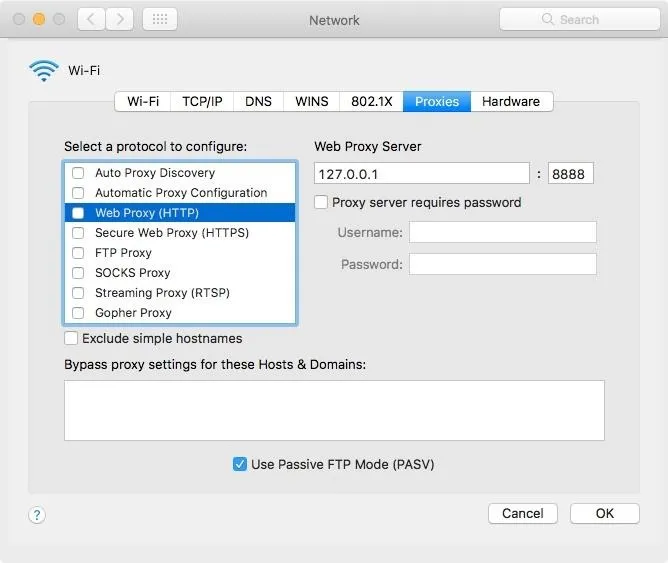 Network proxy settings configuration interface on a macOS system.