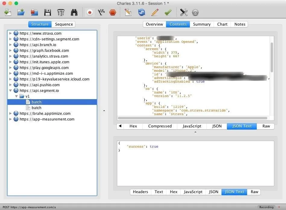 Code editing interface with JSON data displayed.