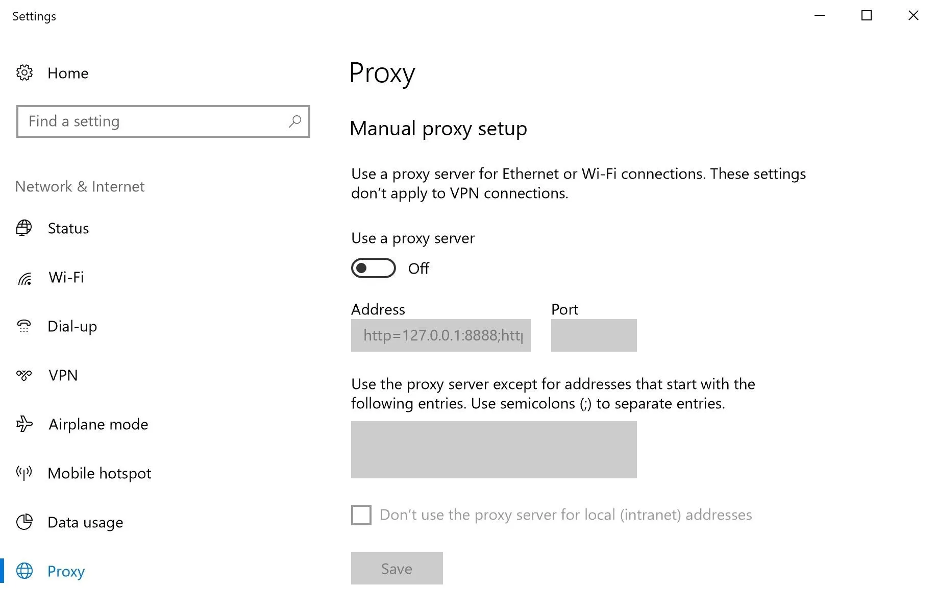 Manual proxy setup settings on a computer.