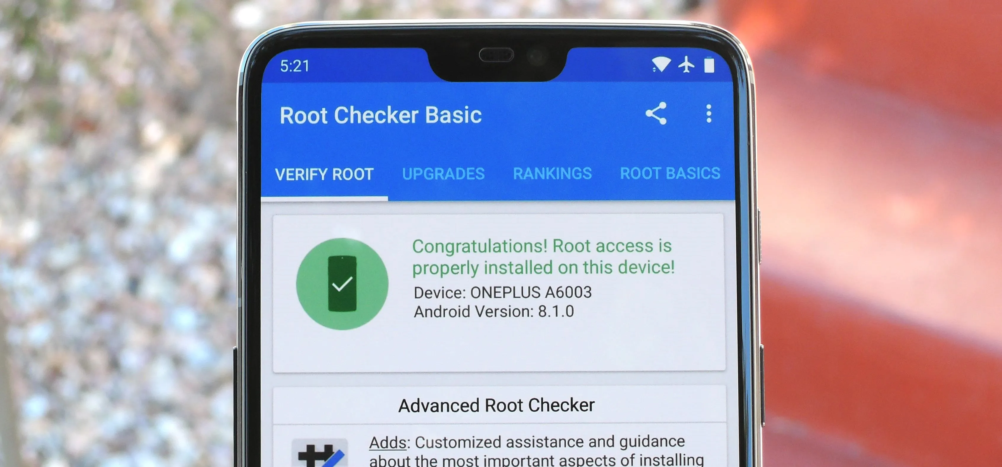 Root Checker Basic app displaying confirmation of root access on an Android device.