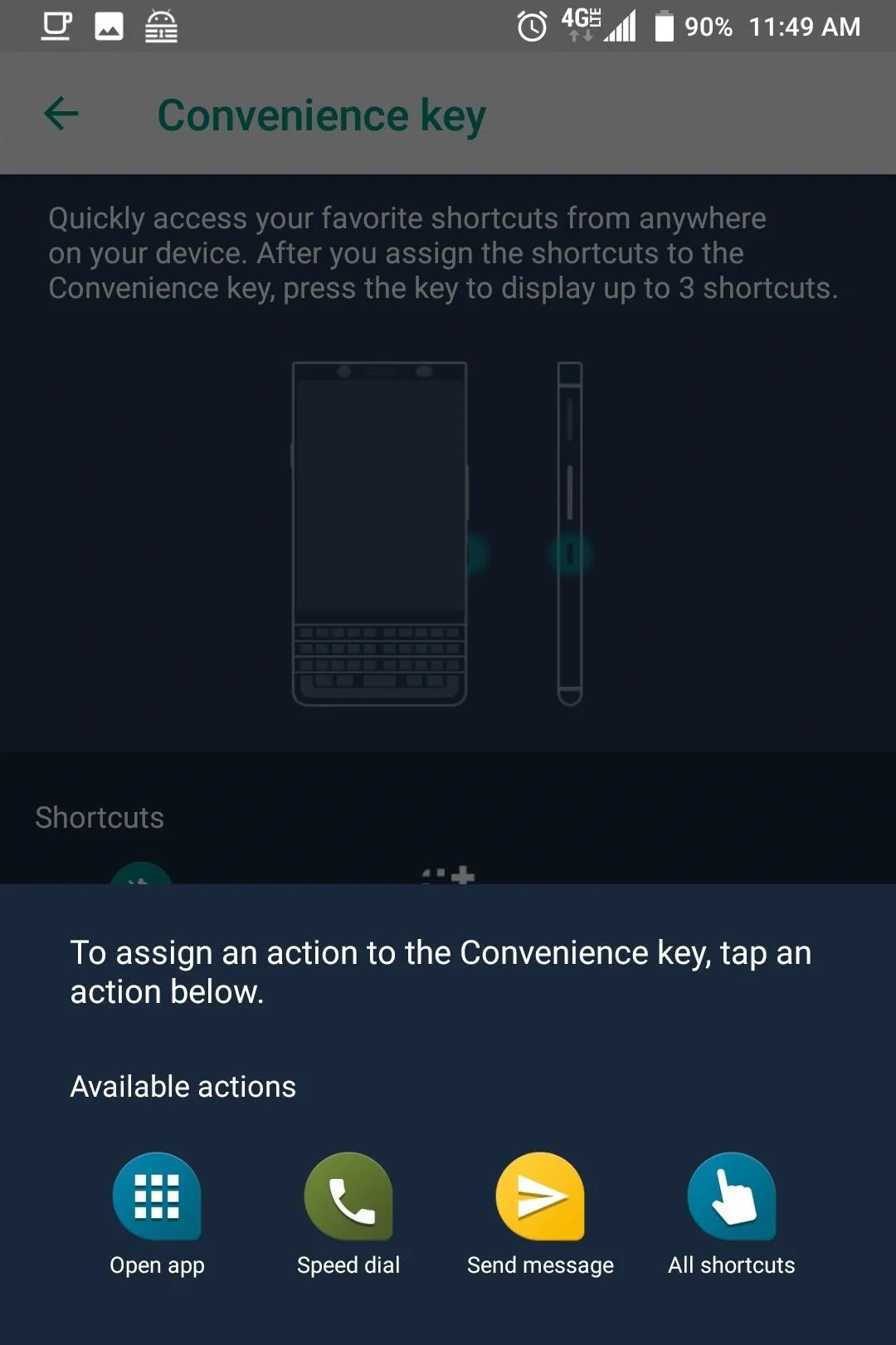 Convenience key settings on a smartphone interface