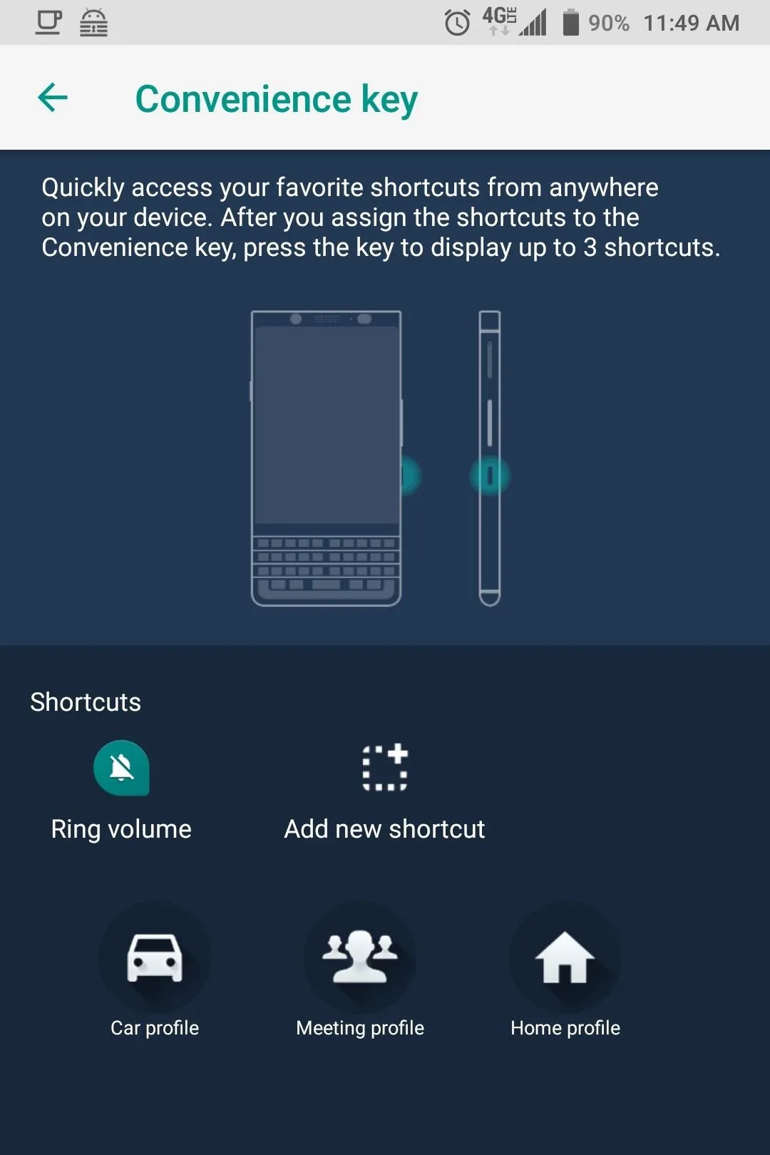 Convenience key settings interface on a smartphone.