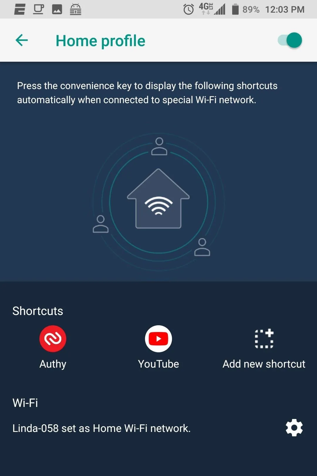 Home profile settings with options for shortcuts to various apps and networks.