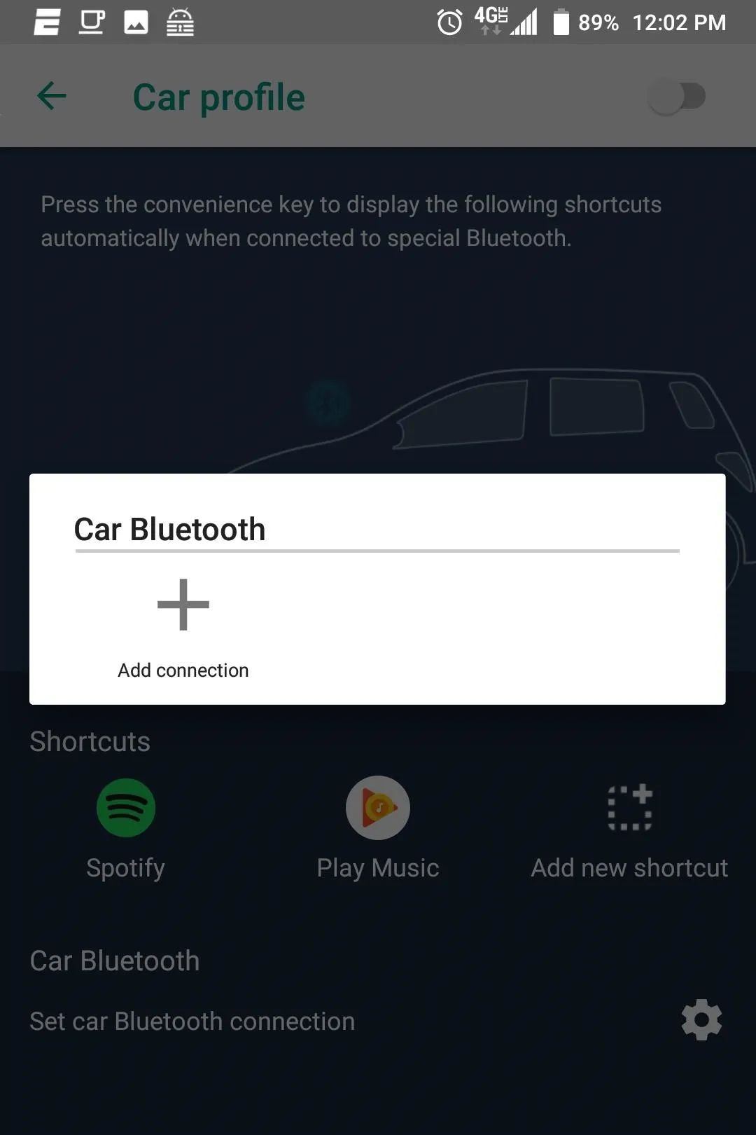 Car Bluetooth connection settings screen.