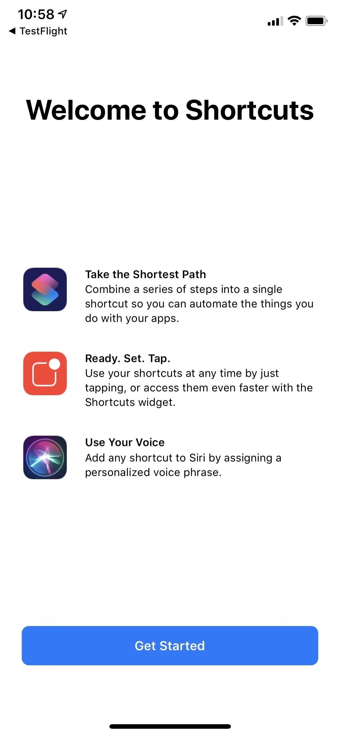 Welcome screen for the Shortcuts app with two app icons.
