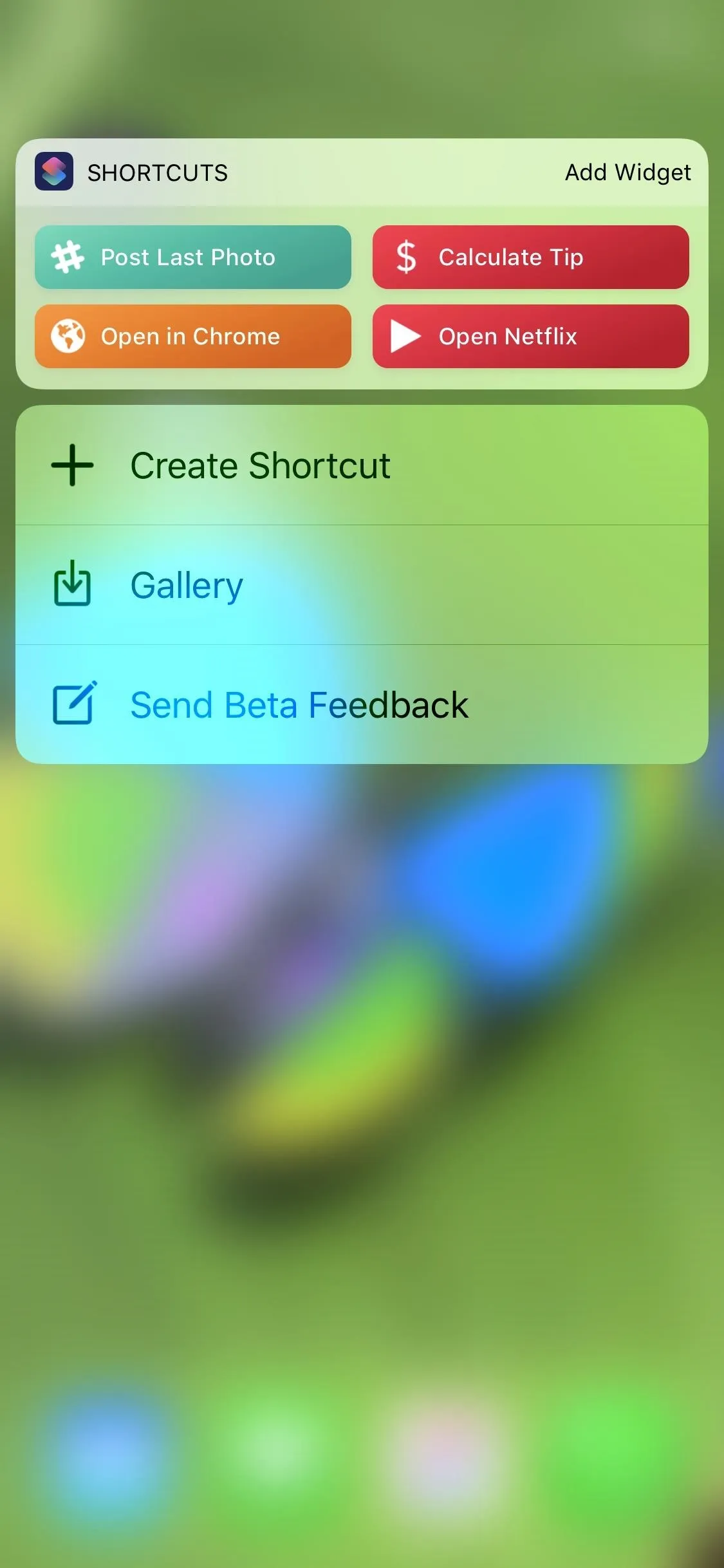 Image of a mobile device screen displaying shortcut options including 'Create Shortcut,' 'Send Data Feedback,' and others.