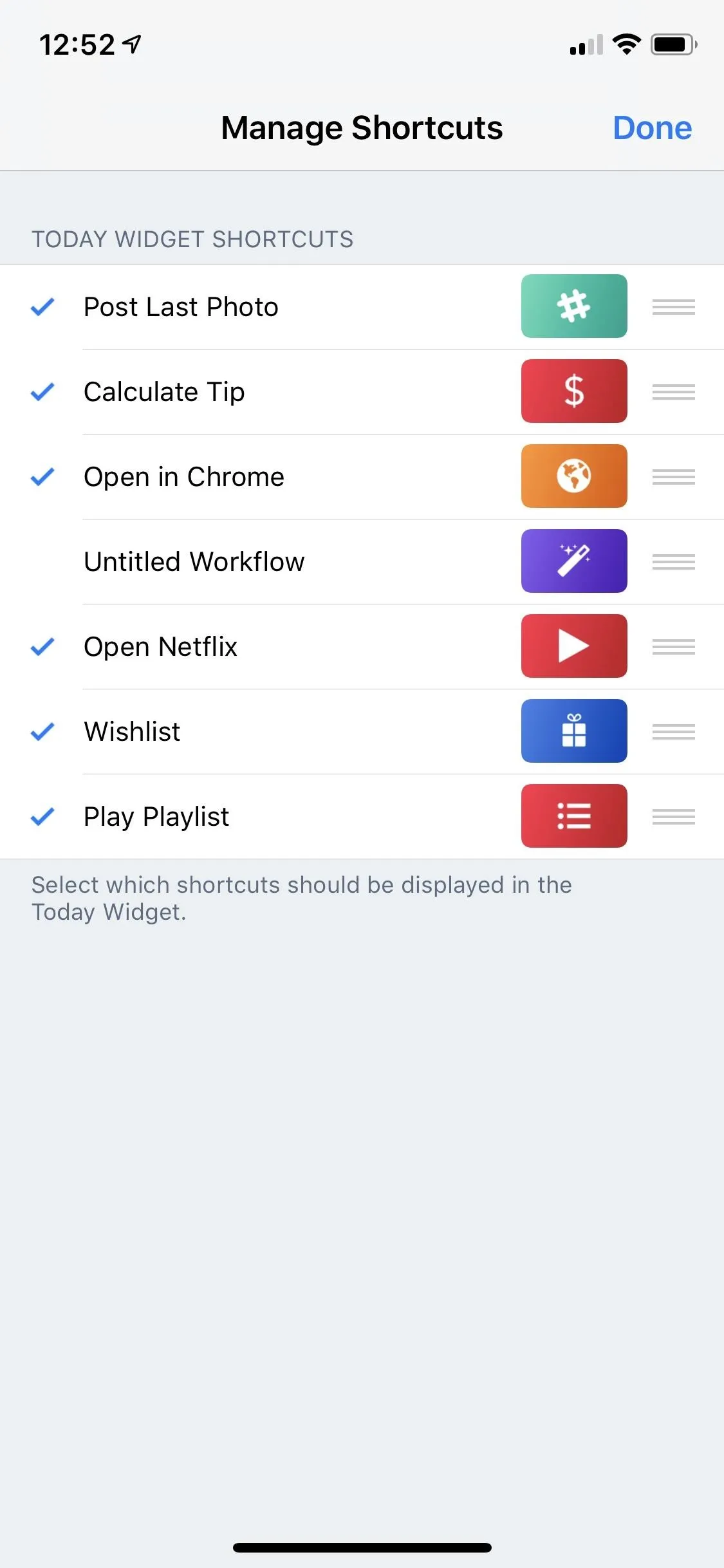 Manage shortcuts menu with various app options and their statuses.
