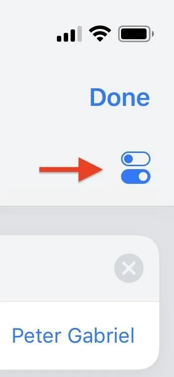 Settings icon with a toggle switch and a 'Done' button.