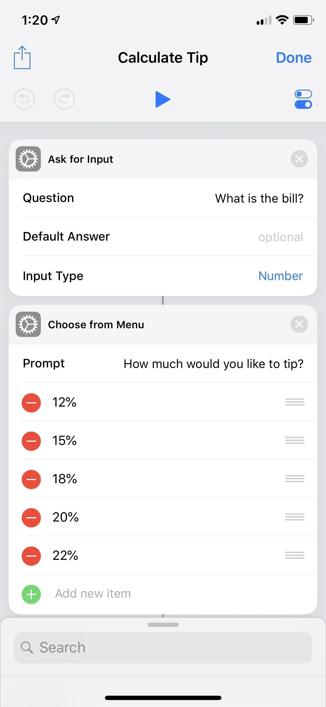 Tip calculator interface displaying tip percentages and amounts for a bill.