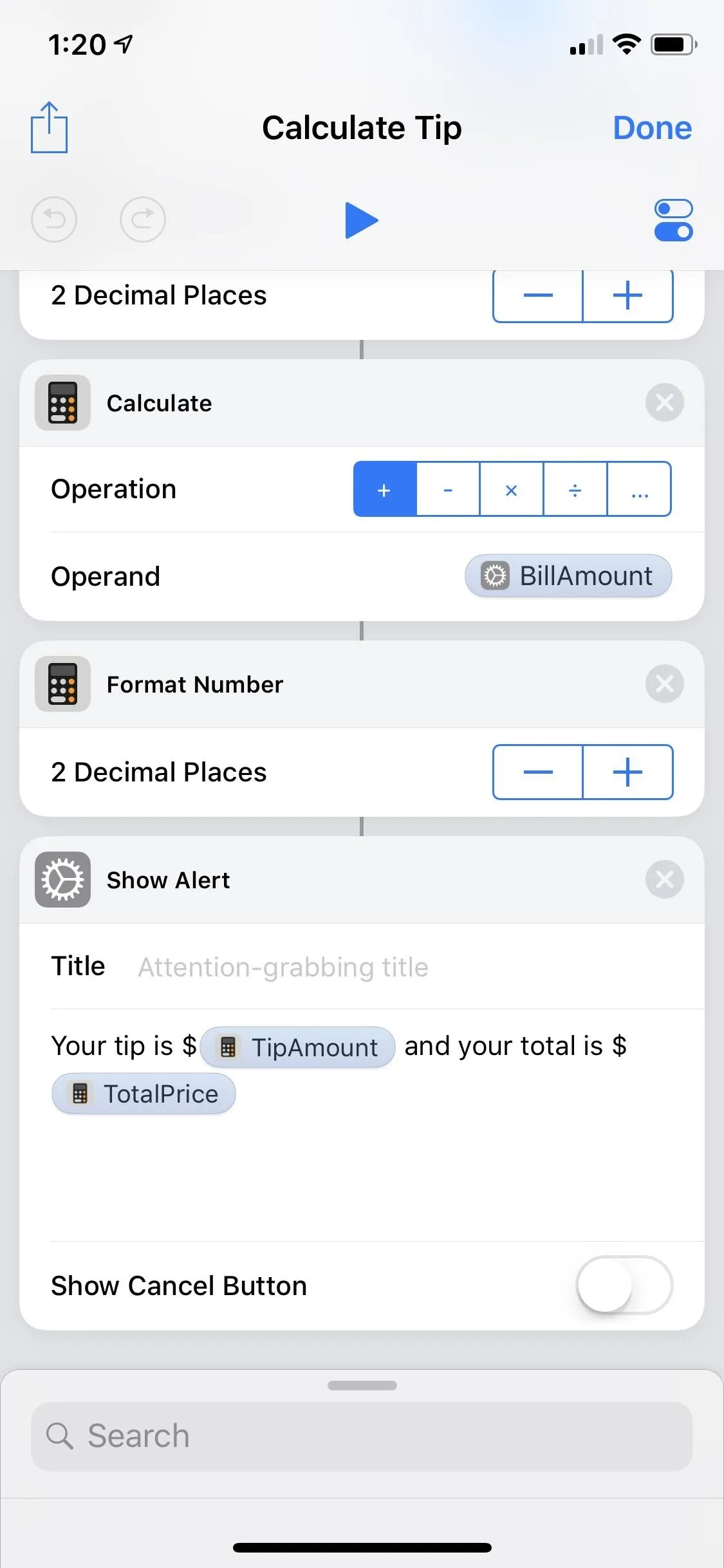 Tip calculator interface on a mobile device.