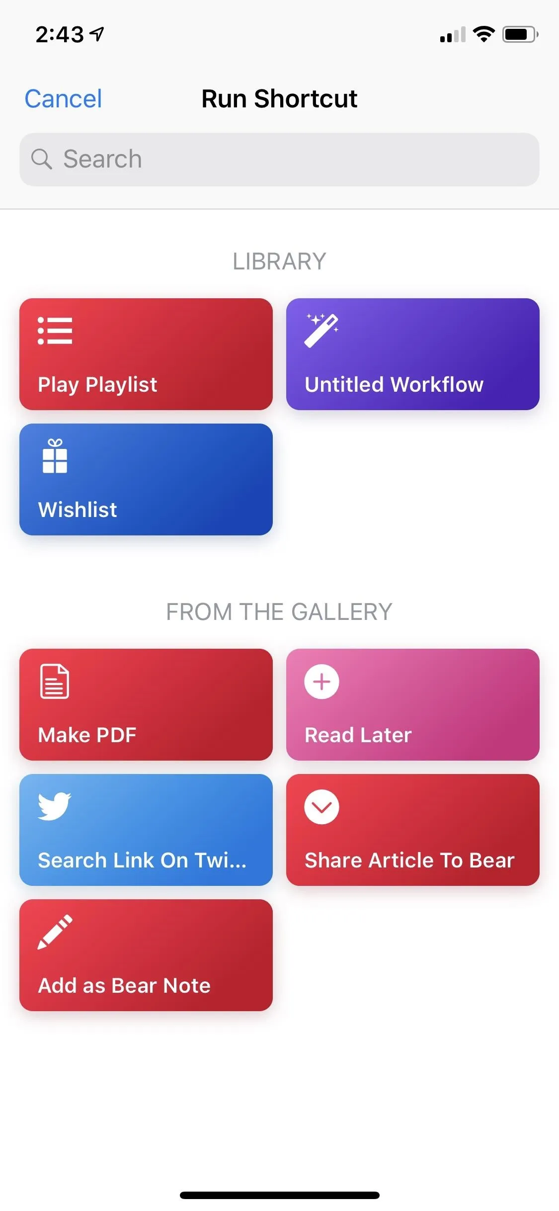 Shortcut app interface with colorful buttons for various tasks.