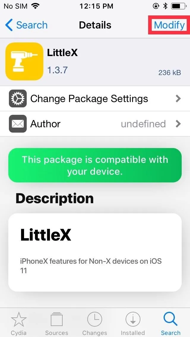 LittleX package details in an app interface, including size, author, and compatibility note.