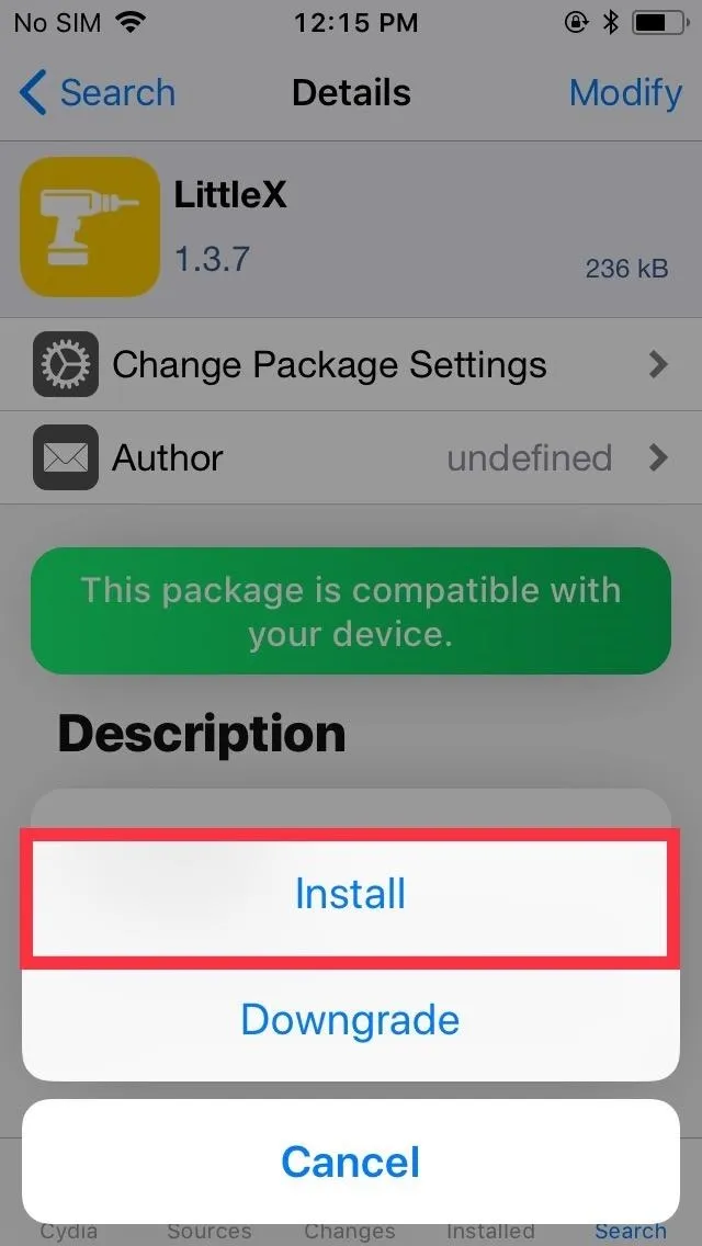 App installation interface with options: Install, Downgrade, and Cancel.