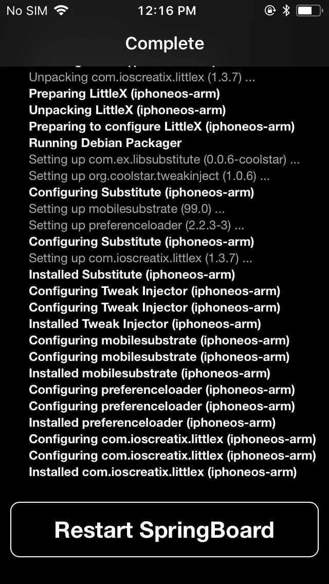 System log showing configuration steps and updates on a mobile device.