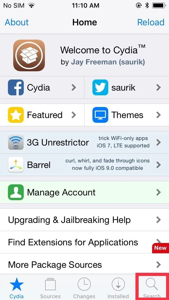 Welcome screen of the Cydia app showcasing various options and features.