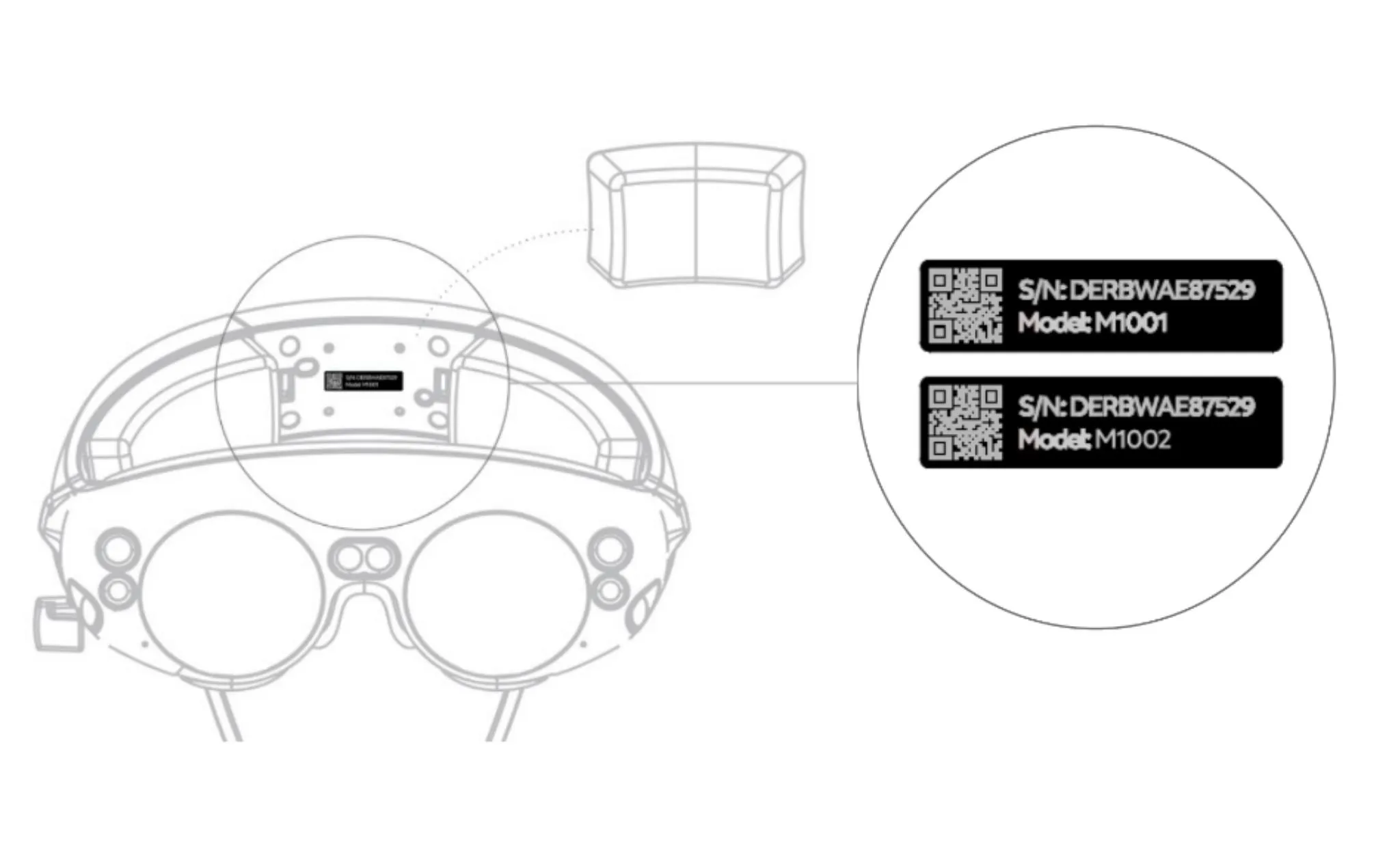 Diagram of a headset with model information and identification labels.