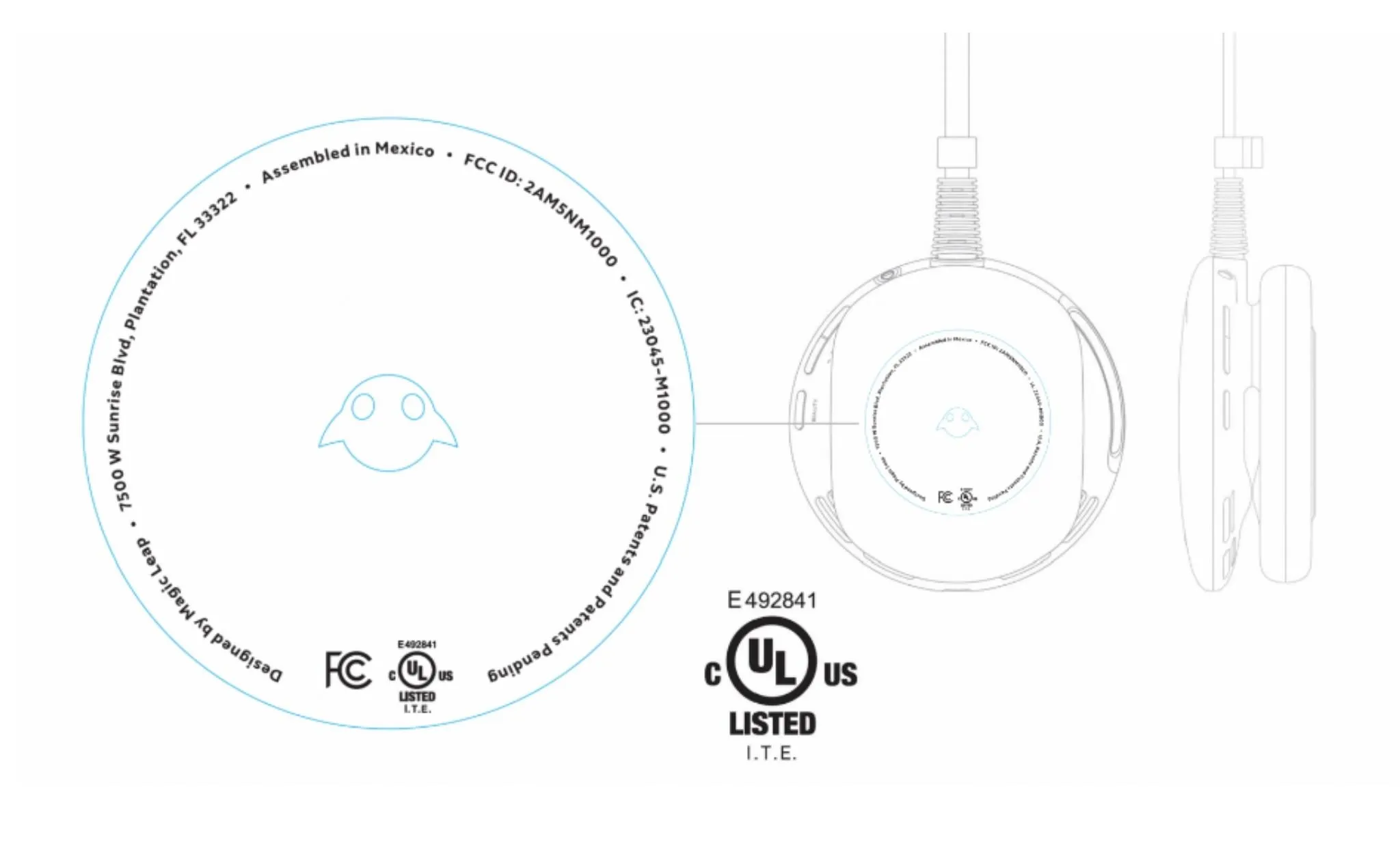 Wireless charger design illustration with branding and safety certification logos.