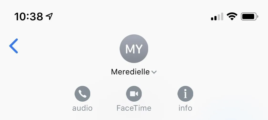 Contact screen showing a call to Meredielle with options for audio, FaceTime, and information.