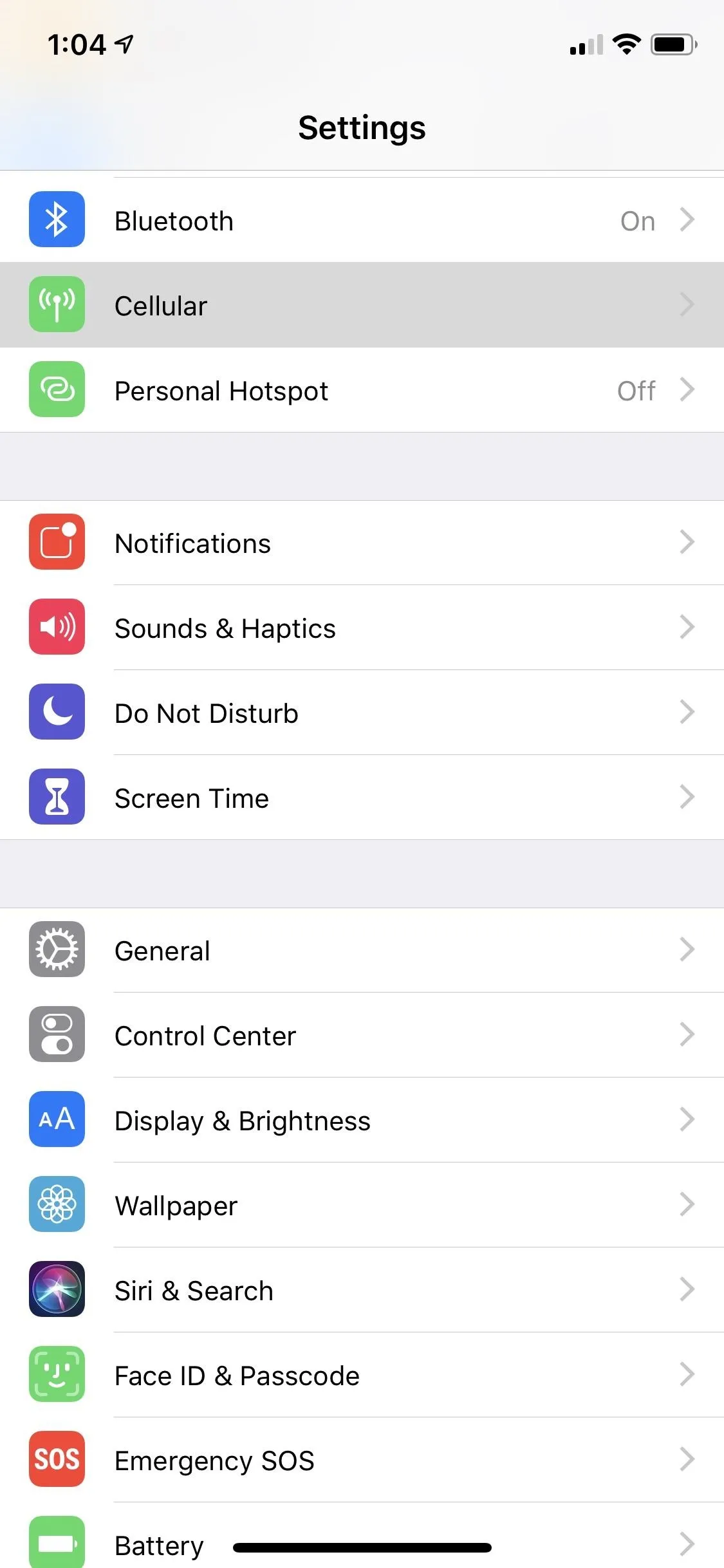 Settings menu on a smartphone displaying various app options.