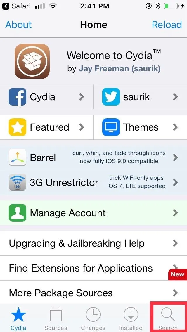 Welcome screen of the Cydia app with navigation options.