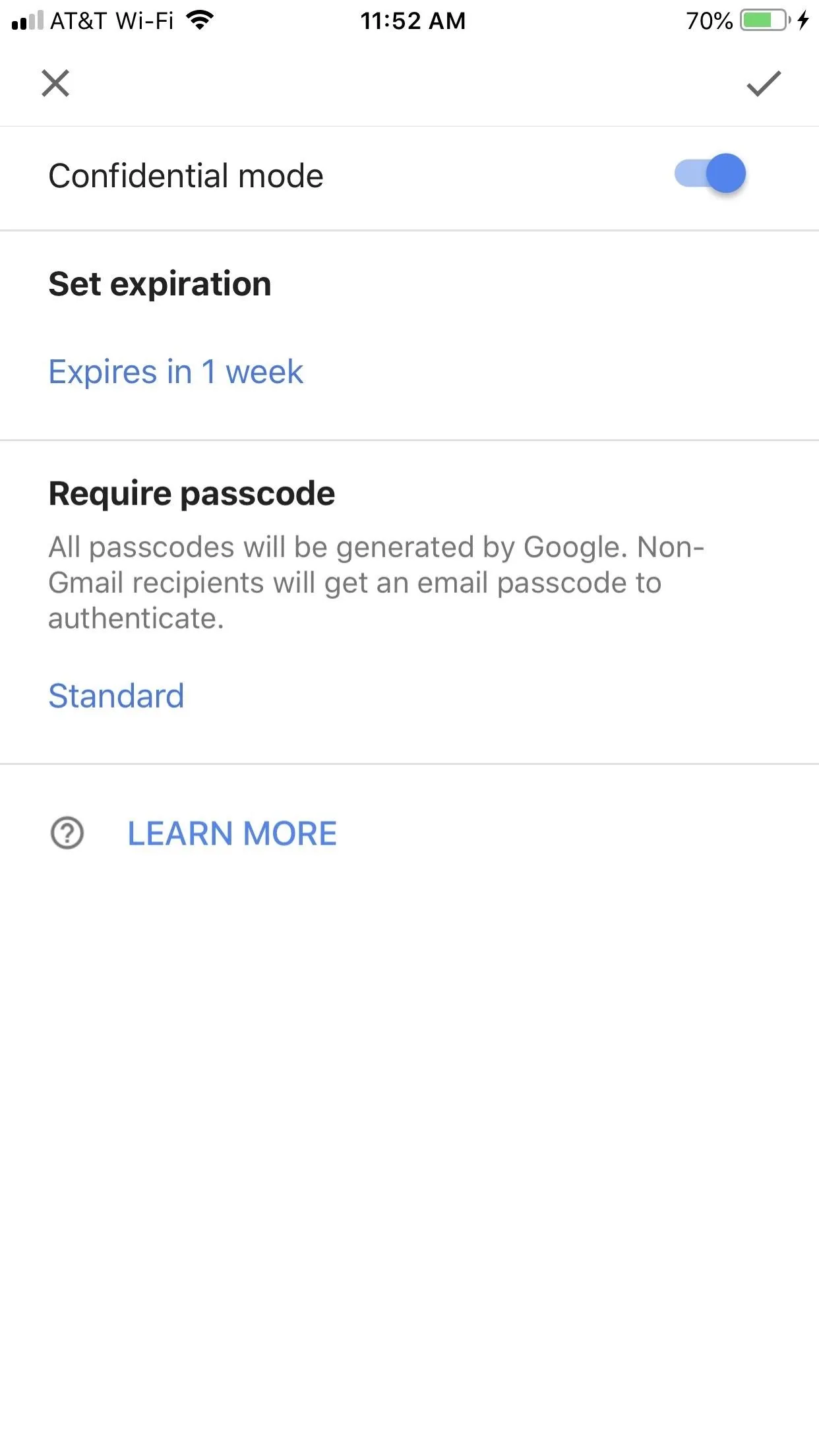 Confidential mode settings with expiration options for a password.