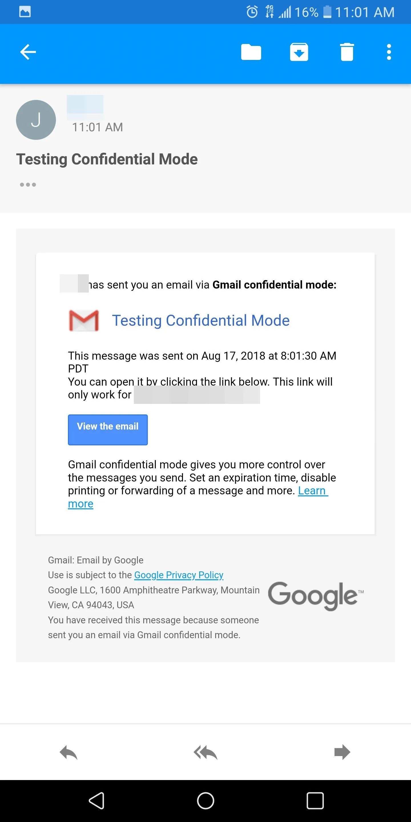 Email notification from Google regarding a confidential message.