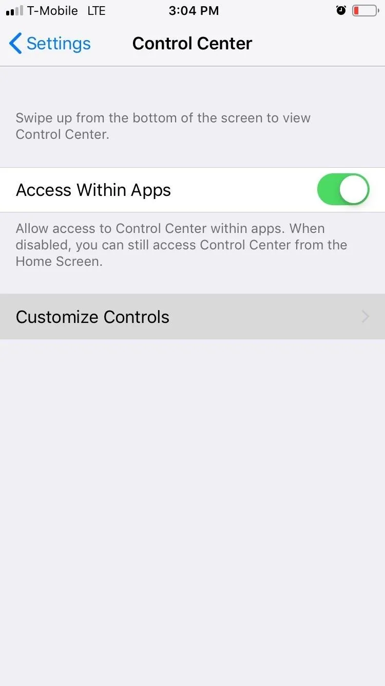 Access settings for Control Center on an iPhone.