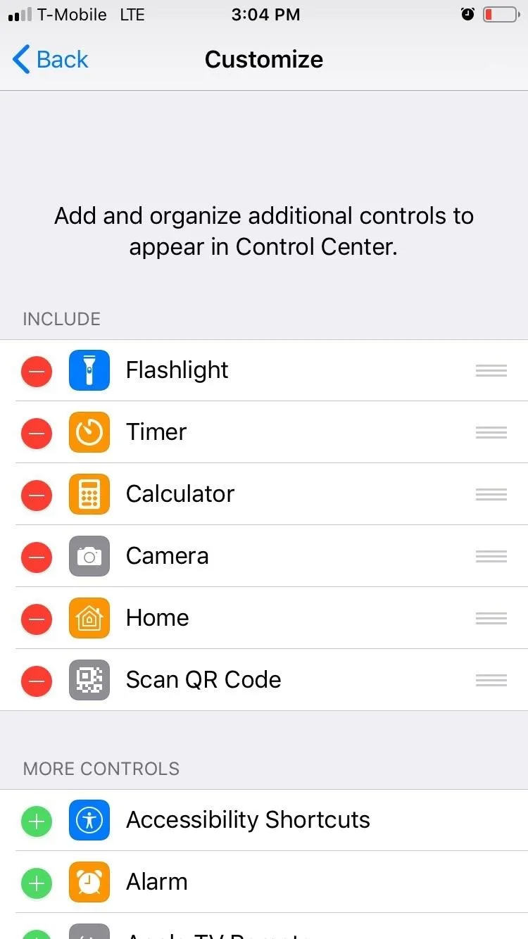 Control Center settings on a mobile device displaying available options.