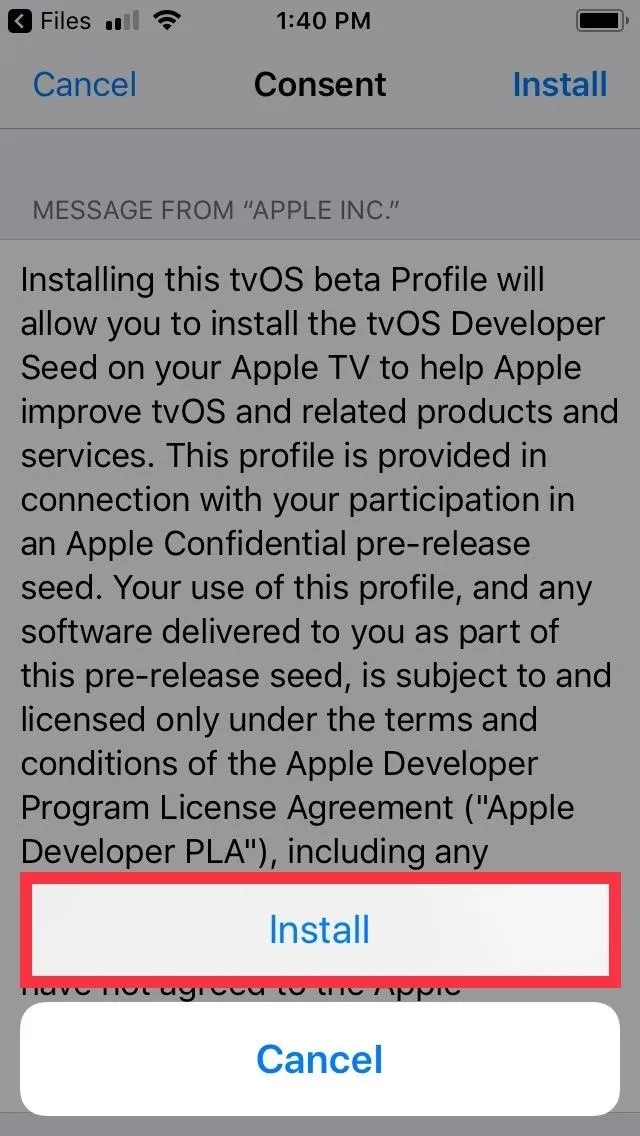 Installing Apple TV beta profile instructions on a mobile device.