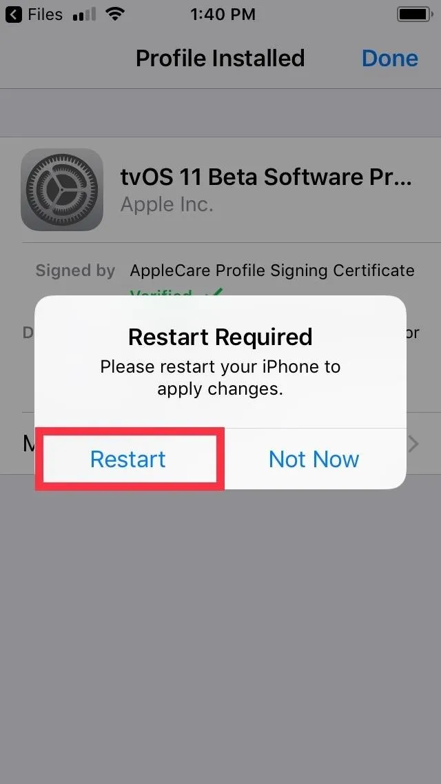 Profile installation notice on an iPhone, with options to restart or postpone.