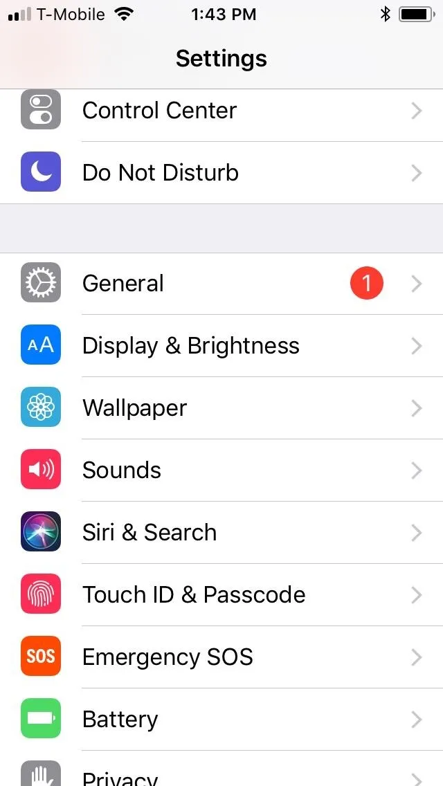 Settings menu on a smartphone displaying options like Control Center, Do Not Disturb, and General.