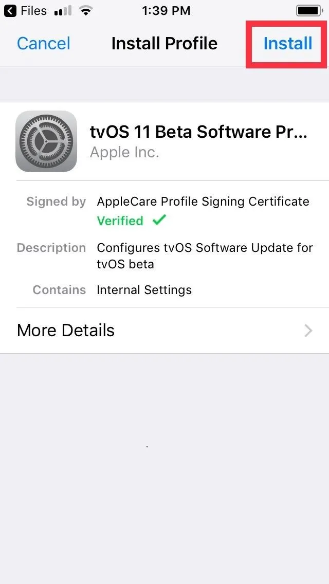 Installing iOS 11 Beta software profile on an Apple device.