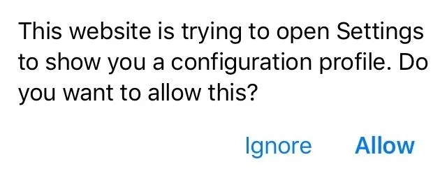 Notification prompt asking to allow access to Settings for a configuration profile.