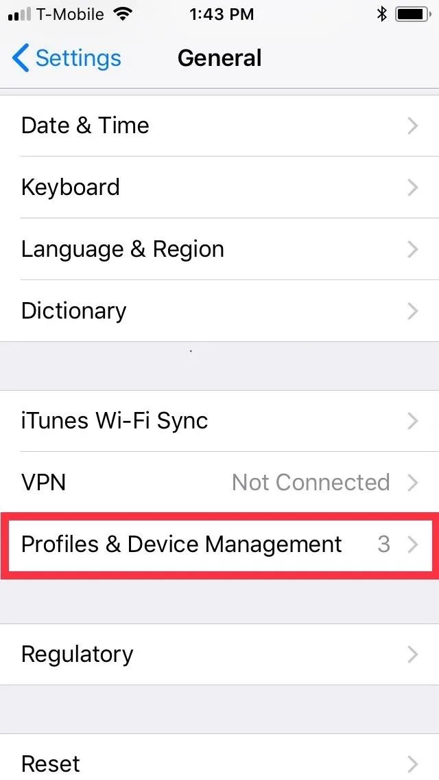 Device settings screen showing "Profiles & Device Management" option highlighted.