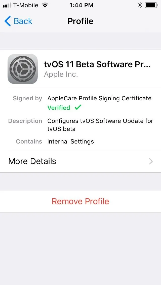 Profile settings for iOS 11 Beta Software.