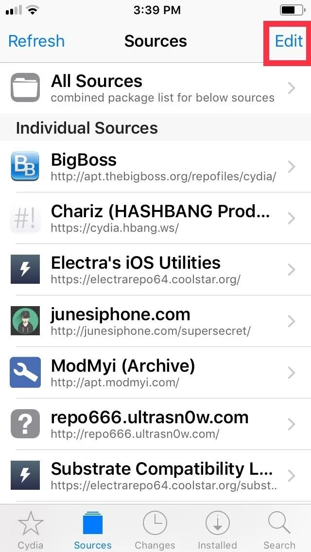 List of sources displayed on a mobile app interface with a refresh option highlighted.