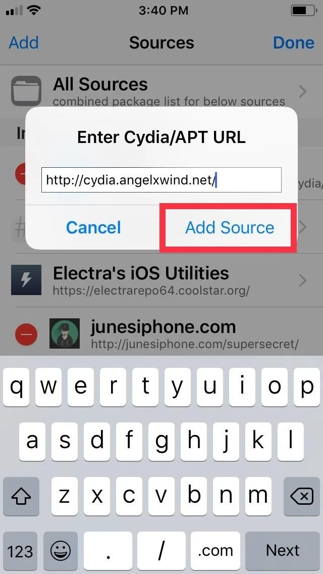 Adding a source URL in a Cydia application interface.