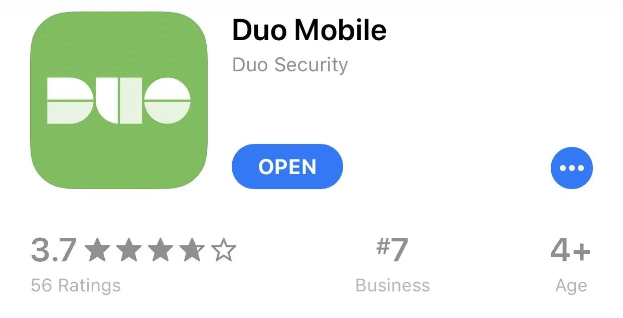 Duo Mobile app icon and details, including ratings and age requirement.