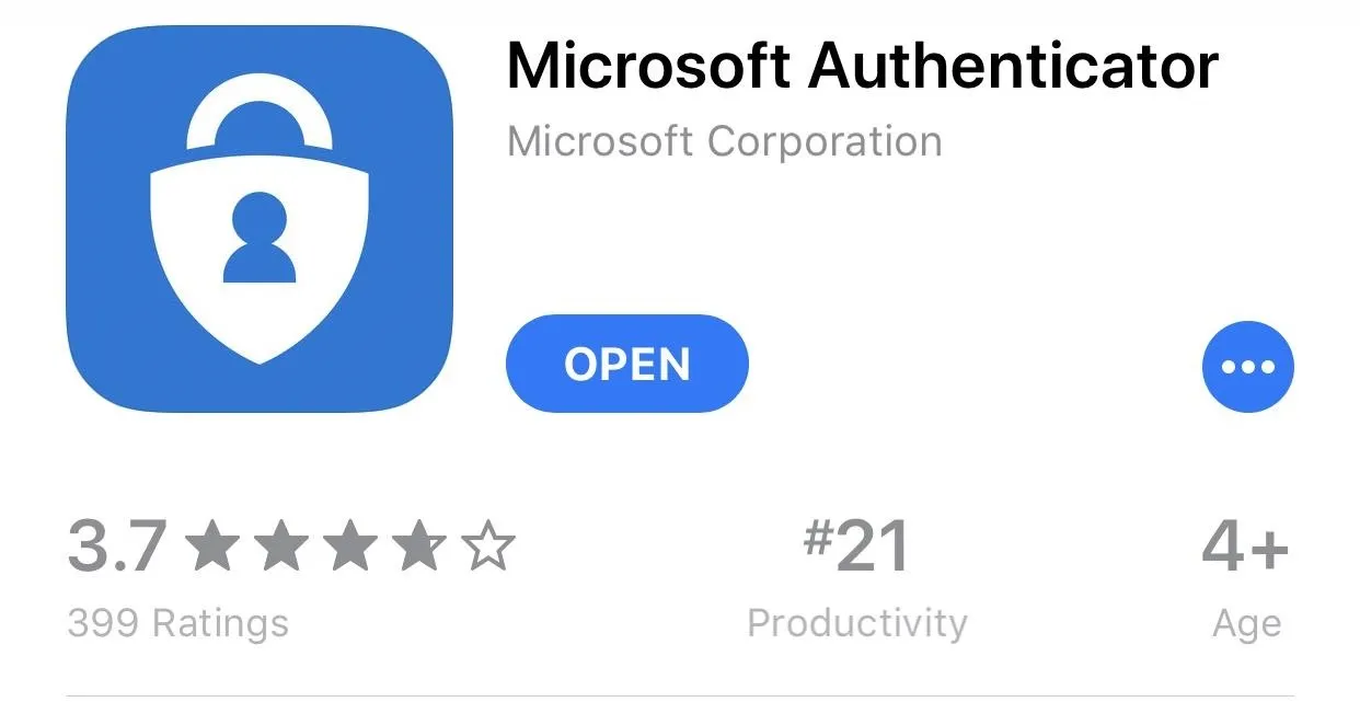 Microsoft Authenticator app icon with rating and download information.