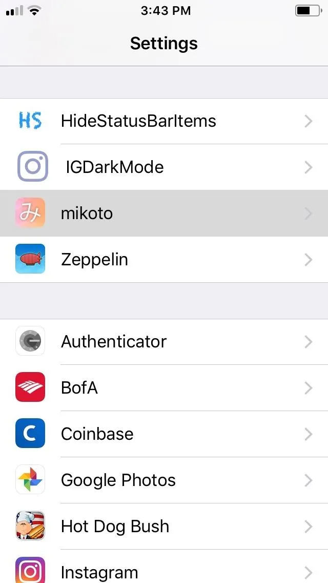 Settings menu on a mobile device displaying various app options.