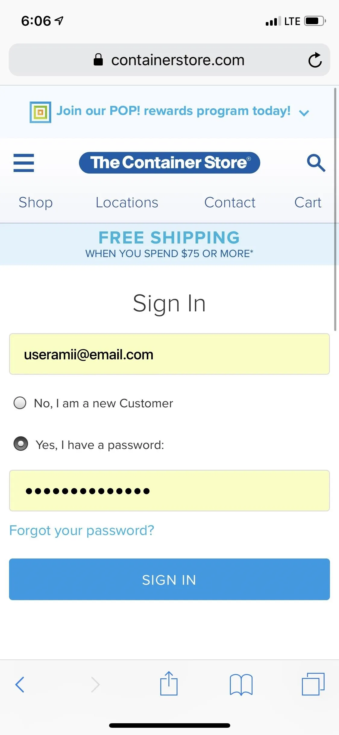 Login page for customer account on a mobile device.