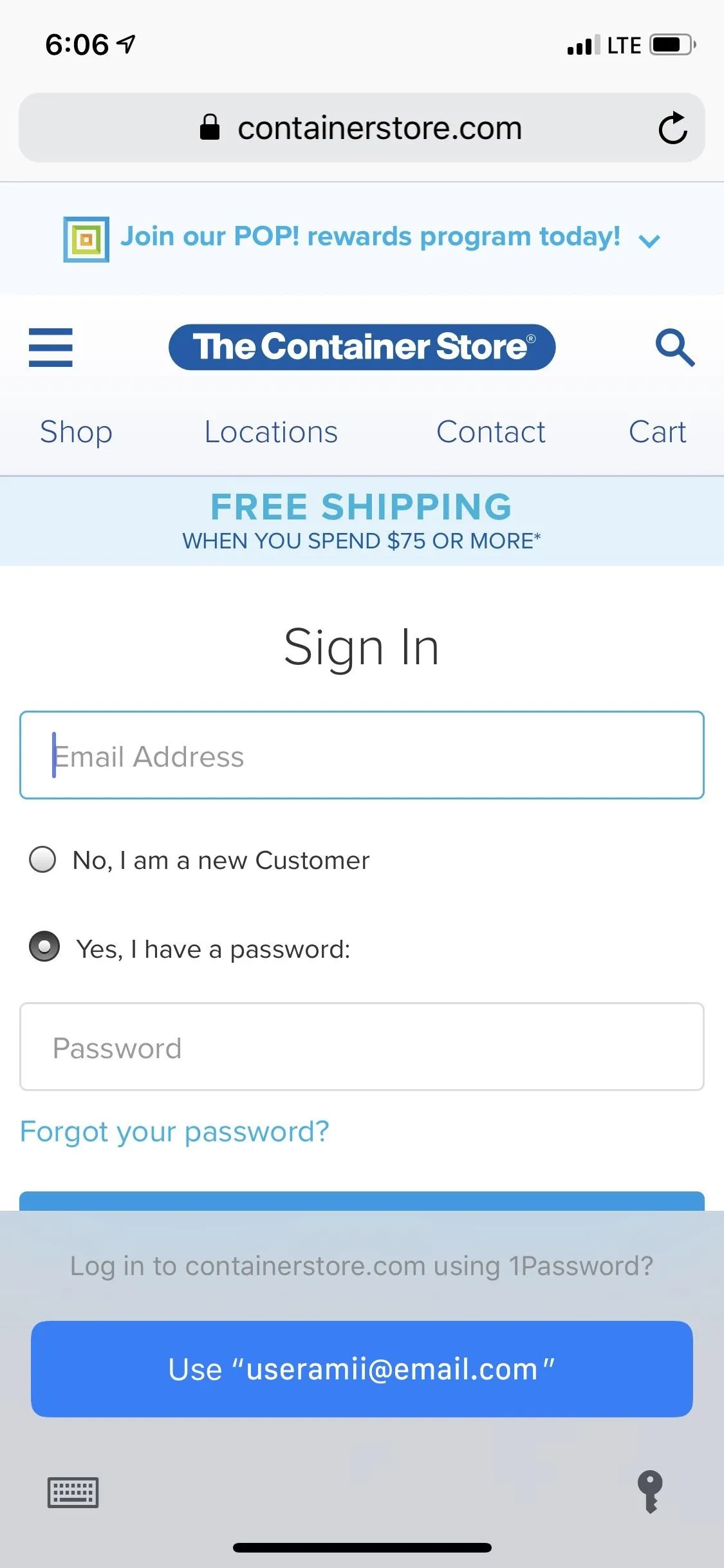 Sign-in page for a website on a mobile phone.