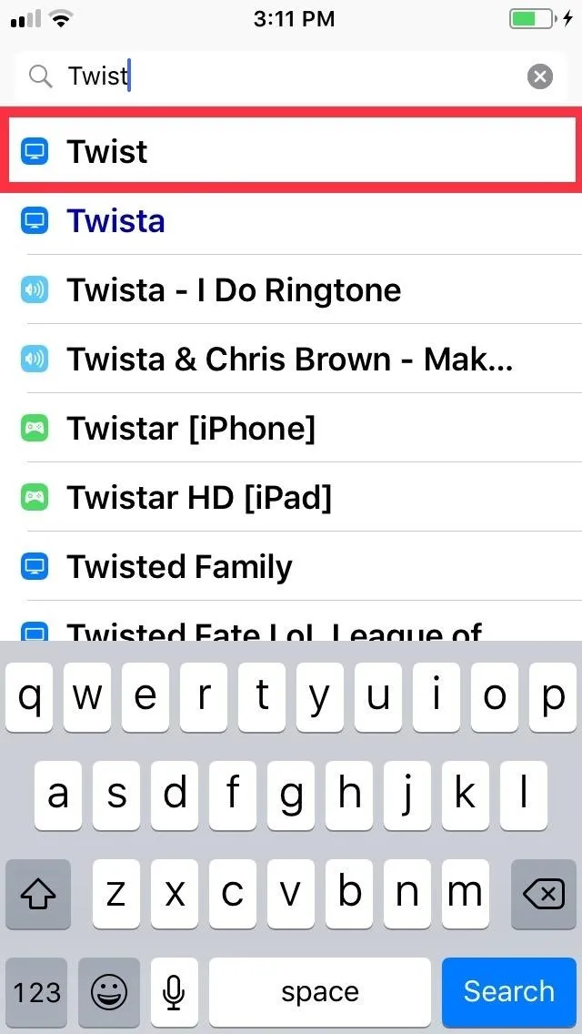 Mobile screen displaying a search for "Twist" with related suggestions.