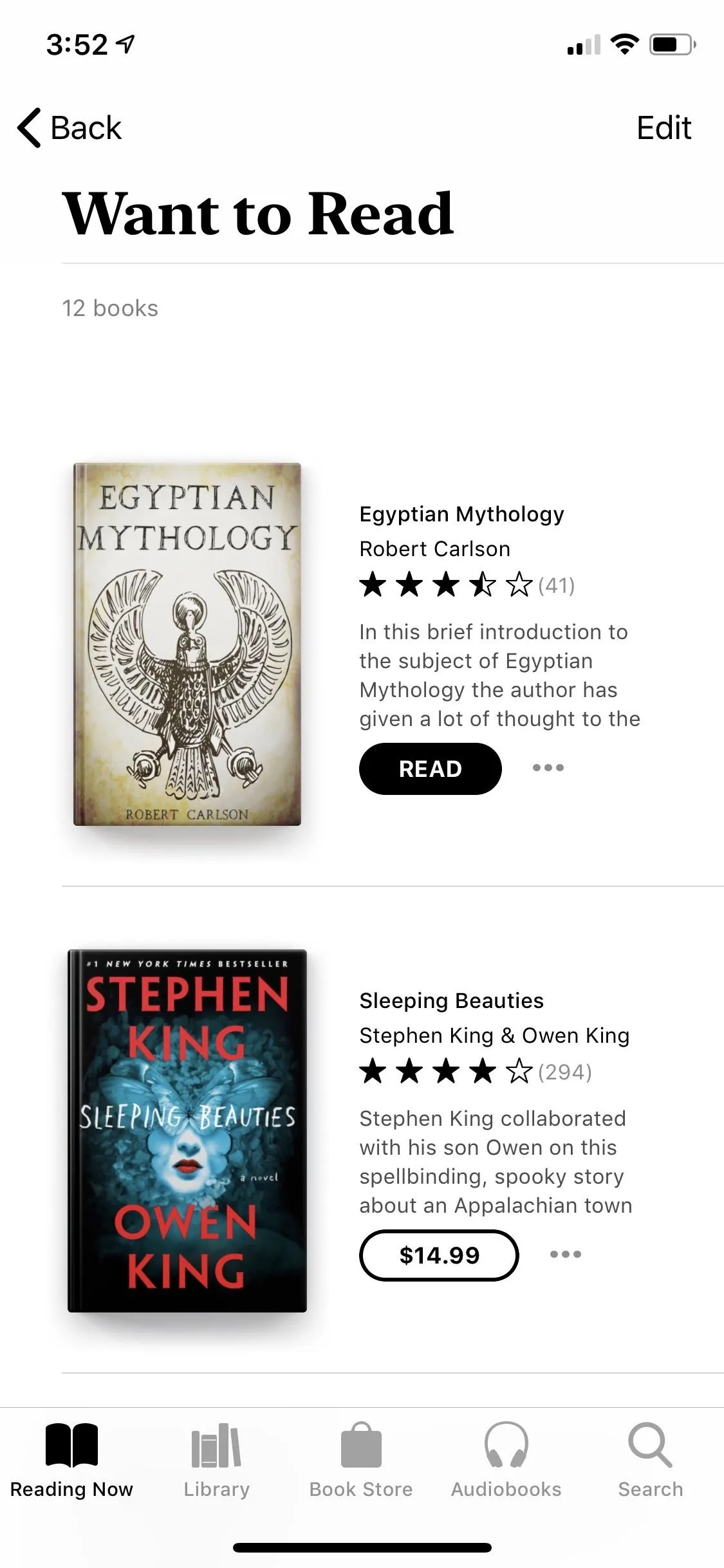 Books titled "Apsara" and "Stephen King" displayed in a reading app.