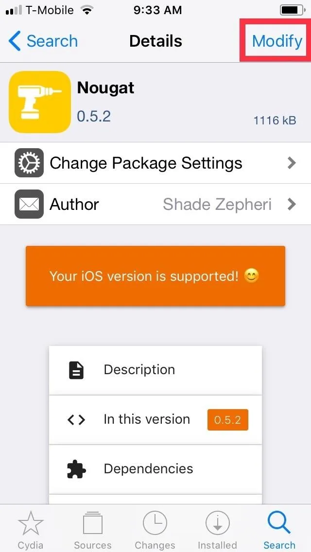 App interface displaying package details with a "Modify" button highlighted.