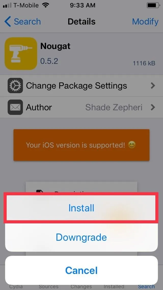 Installation prompt for the Nougat app on a mobile device.